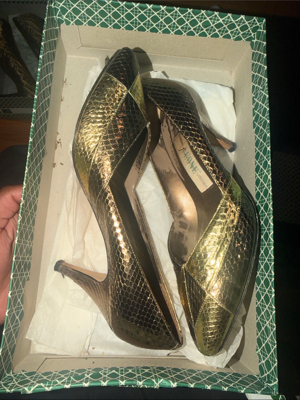 Tahari Metallic Gold Snakeskin Pointed Toe Heels